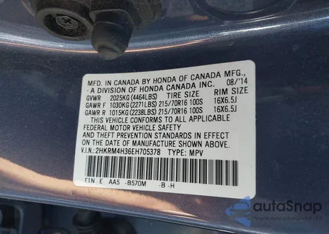 2014 Honda Cr-V Lx из США, поврежденный, VIN 2HKRM4H36EH705378